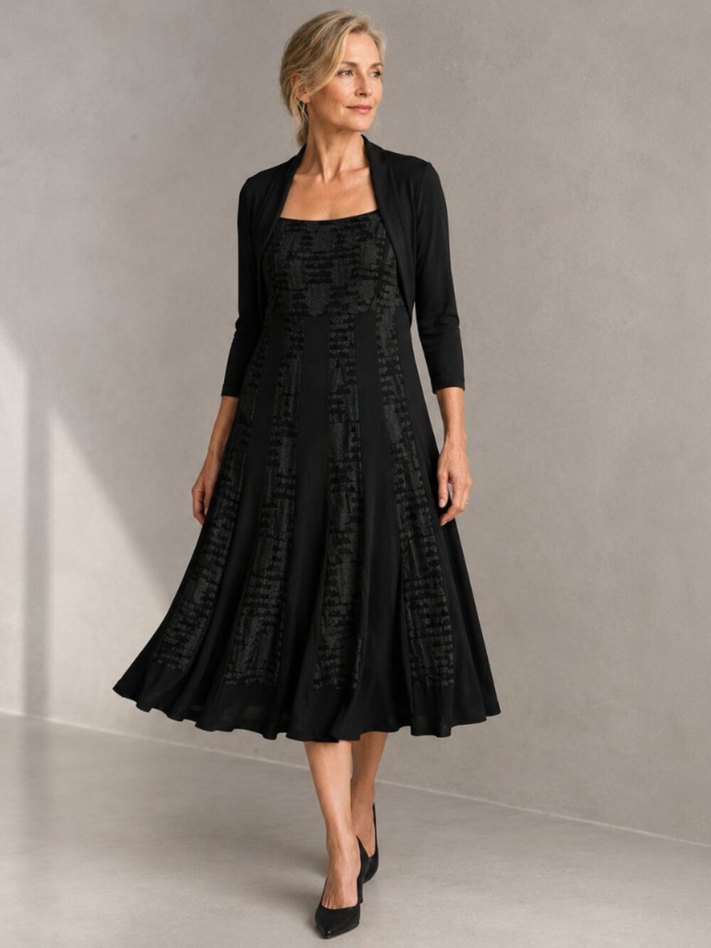 Frank Lyman Design NEW Artsy Cutout & Embossed Black Jersey Fit Flare Dress Sz 8